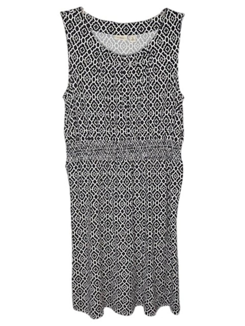 L.L. Bean Geo Print Sleeveless Jersey Dress Smocked Waist - Black/White - XL